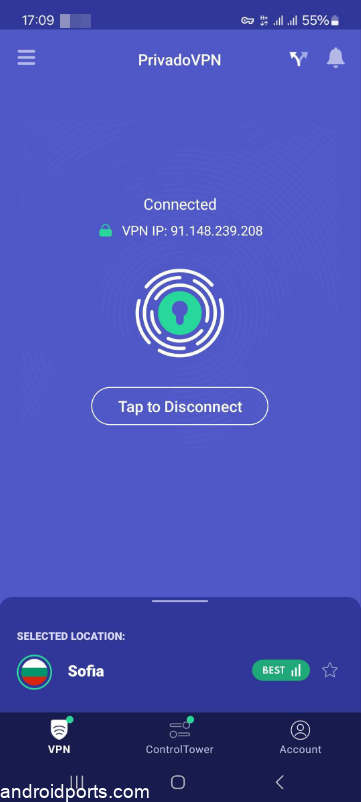 Privado VPN Android interface, Privado VPN app screenshot.